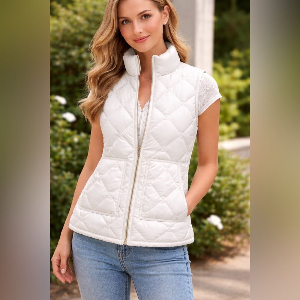 J CREW Women Cream Quilted Full Zip Puffer Vest Size XXS